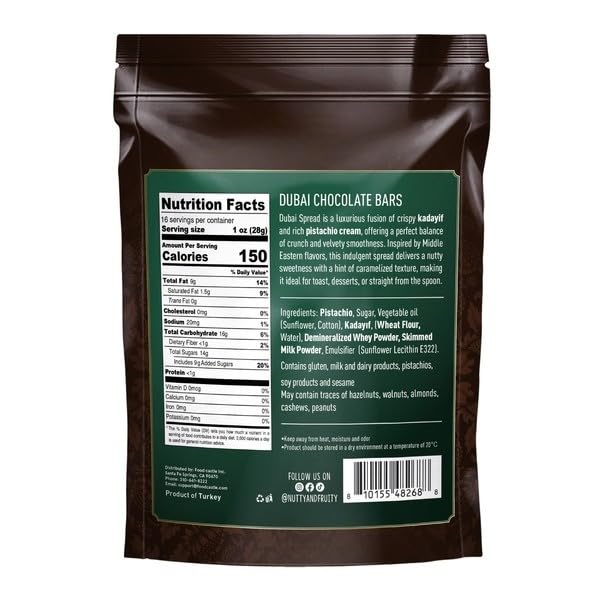 Dubai Chocolate Bars , Indulge in the luxurious taste of Dubai Chocolate Bars, where premium milk chocolate meets the delightful crunch of pistachios. These individually wrapped treats combine smooth, creamy chocolate with the rich, nutty flavor of carefully selected pistachios, creating an irresistible Middle Eastern-inspired confection. Each piece offers the perfect balance of textures and tastes [ 16 oz , 1 lb ]
