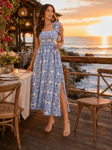 Image of BROVAVE Women Summer Floral Dress: Casual Square Neck Flowy Boho Beach Midi Sundress Sleeveless Tie Shoulder Vacation Daily