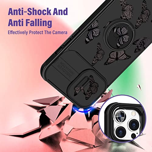 Pegmode (2in1 for iPhone 14 Pro Max Case for Women Black Butterfly Girly Girls Phone Cases Cute Butterflies Design with Slide Camera Cover+Ring Holder Pretty Fashion for iPhone 14 ProMax Cover 6.7'' - Image 2