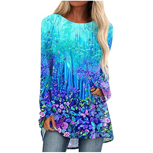 Women's Casual Tunic Tops To Wear With Leggings Long Sleeve Henley Blouses Tie Dye Shirts Plus Size Blue