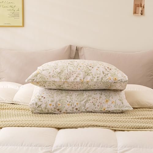 Image of ECOCOTT Floral Pillowcases Queen Size 2 Pack, 100% Washed Cotton Pillow Cases with Envelope Closure, Green Botanical Wildflower Printed Pillow Covers