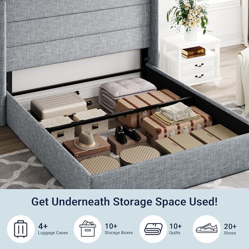 Image of Allewie Full Size Lift Up Storage Bed, Modern Wingback Headboard, Hydraulic Support, No Box Spring Needed, Grey Blue