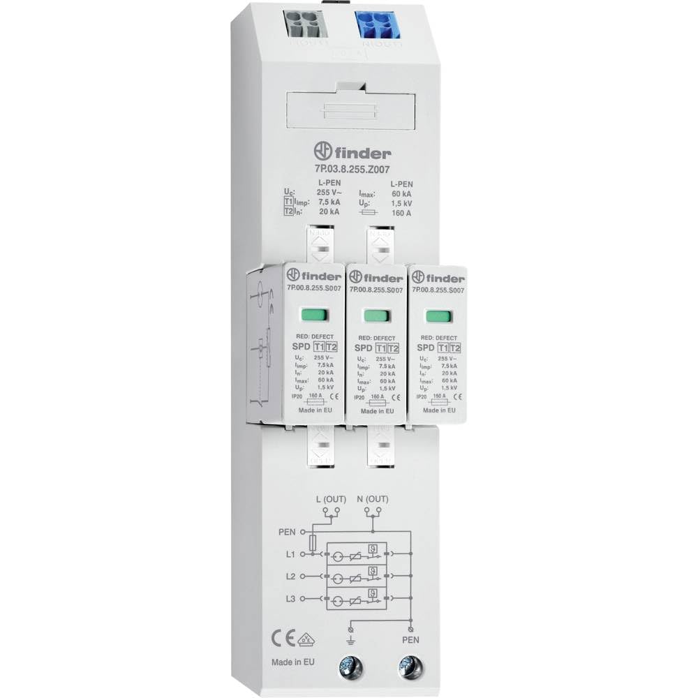 Finder Kombinierter Ableiter Typ 1+2 Spannung TN-C-Netze dreiphasig - Blitzableiter für 7,5kA Stromversorgung