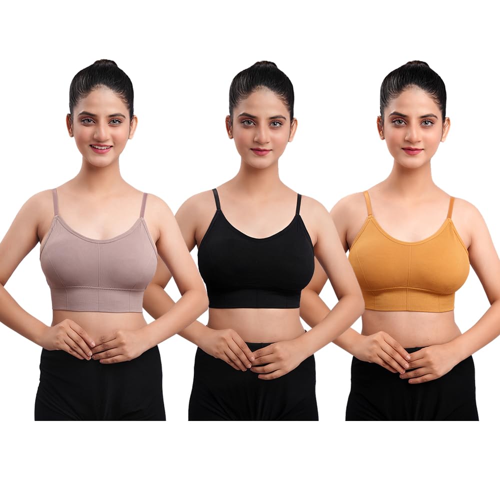 Women's Cotton Wire-Free Full Coverage Lightly Padded Sports Bra - Comfortable & Supportive Everyday Wear - Pack of 3 (Size- 34, Brown, Yellow, Black)-image-47