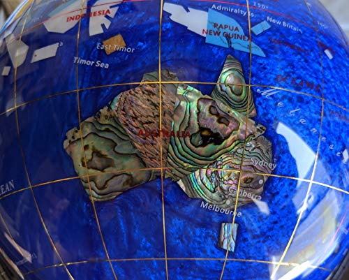 Limited Edition! Unique Art Since 1996 Blue Pearl Swirl Table Top Gemstone World Globe With Silver Zinc Alloy Stand (220Mm/9 Inches 4 Leg/Blue Pearl Ocean) #TOP3