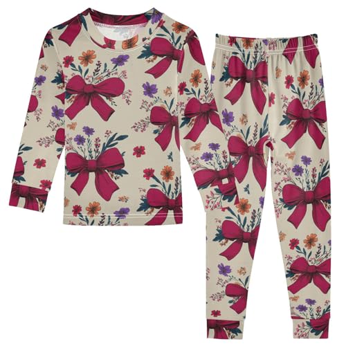 Pajama Sets Long Sleeve Floral Bow Pattern Print Soft Comfy Sleepwear 2 Piece PJS 3-8T