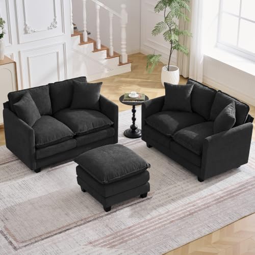 Image of Cloud 3 Pieces Sofa Set, 2+2 Seater Couch+1 Ottoman, Modern Sofas Sets with Deep Seat, Modular Sectional Couches Sets for Living Room, Bedroom, Small Apartment, Black