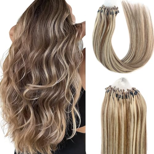 Eliysako Remy-Hair Microlink Hair Extensions Human Hair Micro Bead 18inch 40g/pack Micro Link Beads Micro Loop Hair Extensions Real Human Hair Color #P4/16 Light Blonde Mix Dark Brown
