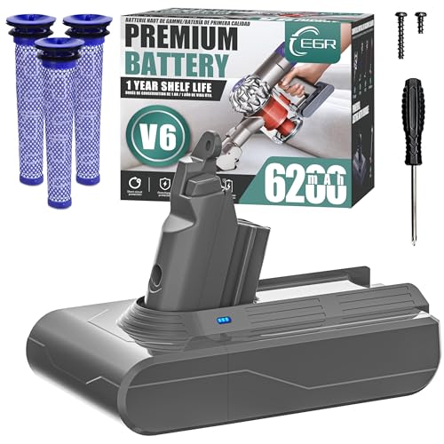 EGR Premium 6200mAh V6 Battery Replacement Compatible with Dyson V6 Animal V6 Absolute V6 Motorhead V6 Fluffy SV03 SV04 SV05 SV06 SV07 SV09 DC58 DC59 DC61 DC62 DC72 DC74 Vacuum Cleaner(Not Fit V7, V8)