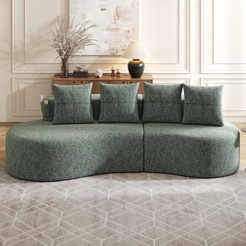 JCFEIDQW Boneless - Sofá cama con función de sueño, sofá cama, 3 plazas, lino, con 4 cojines, relleno de espuma de alta densidad + piezas de resorte, soporte para tazas y bolsillo lateral, 240 x 109 x