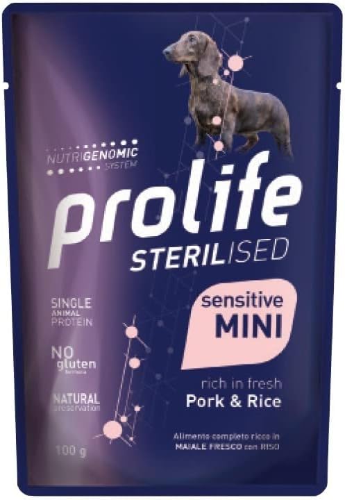 PROLIFE STERILISED SENSITIVE ADULT MAIALE E RISO MINI. CONFEZIONE RISPARMIO 10 BUSTINE DA 100GR.