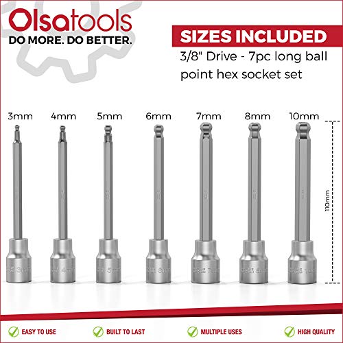 image for Olsa Tools Long Ball Point Hex Socket Set | 3/8 Inch Drive Ball-End Al