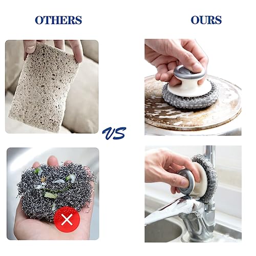 Image of 3 PCS Stainless Steel Scrubber with Handle Durable Steel Wool Scrubber Pot Scrubber Dish Scrubber for Cleaning Cast Iron, Dishes, Stock Pots, Pans, Griddles, Grills