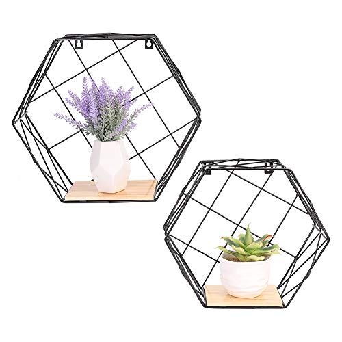 Medla Estantería Madera y Hierro de Pared, Juego de 2 Estante Flotantes de Forma Hexagonal, Balda Pared para Decoración Cocina Baño Dormitorio Sala de Estar
