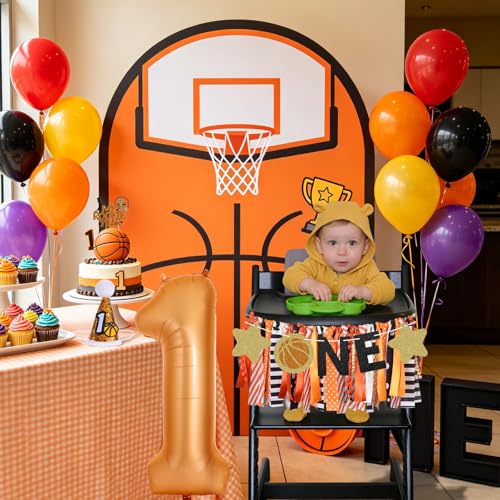 Image of Basketball Highchair Banner for First Birthday Party Decorations | My 1st Rookie Year Basketball Fabric Banner for Boys Black Orange High Chair Banner for One Birthday Backdrop Decorations