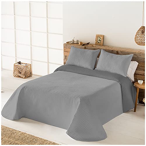 DECASATEXTIL- Colcha Bouti Fina, Reversible - Suavidad y Versatilidad en un Diseño de Gofres Idea para Todo el Año. 100% Microfibra (Cama 150/160cm- 250x265cm, Gris)
