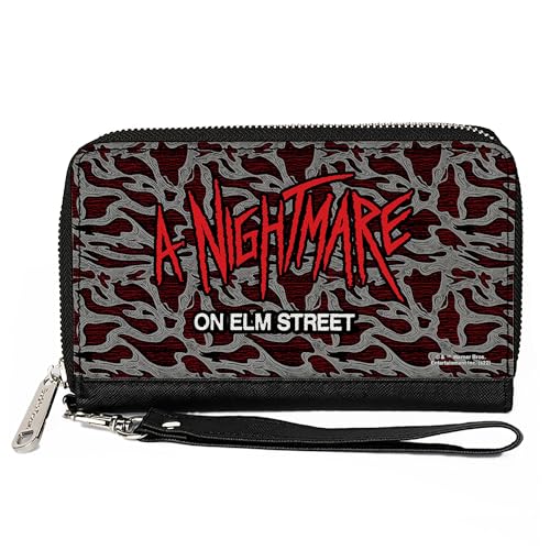 Buckle-Down Warner Bros. Horror Movies Wallet, Zip Around, A NIGHTMARE ON ELM STREET Scribble Freddy Melt Grays/Reds, Vegan Leather