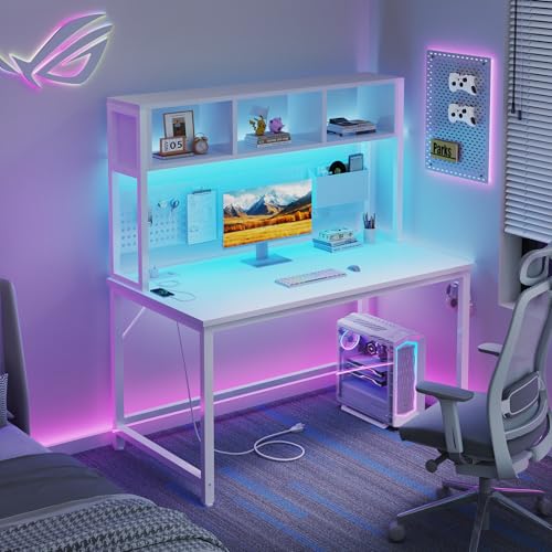 White Computer Desk with Hutch and Pegboard - Computer Desk with Power Outlets, 47 Inch Modern Study Teen Desk with Pegboard Storage Bag, Hooks and Side Bag,Writing Desk for Bedroom Home Office - Image 5