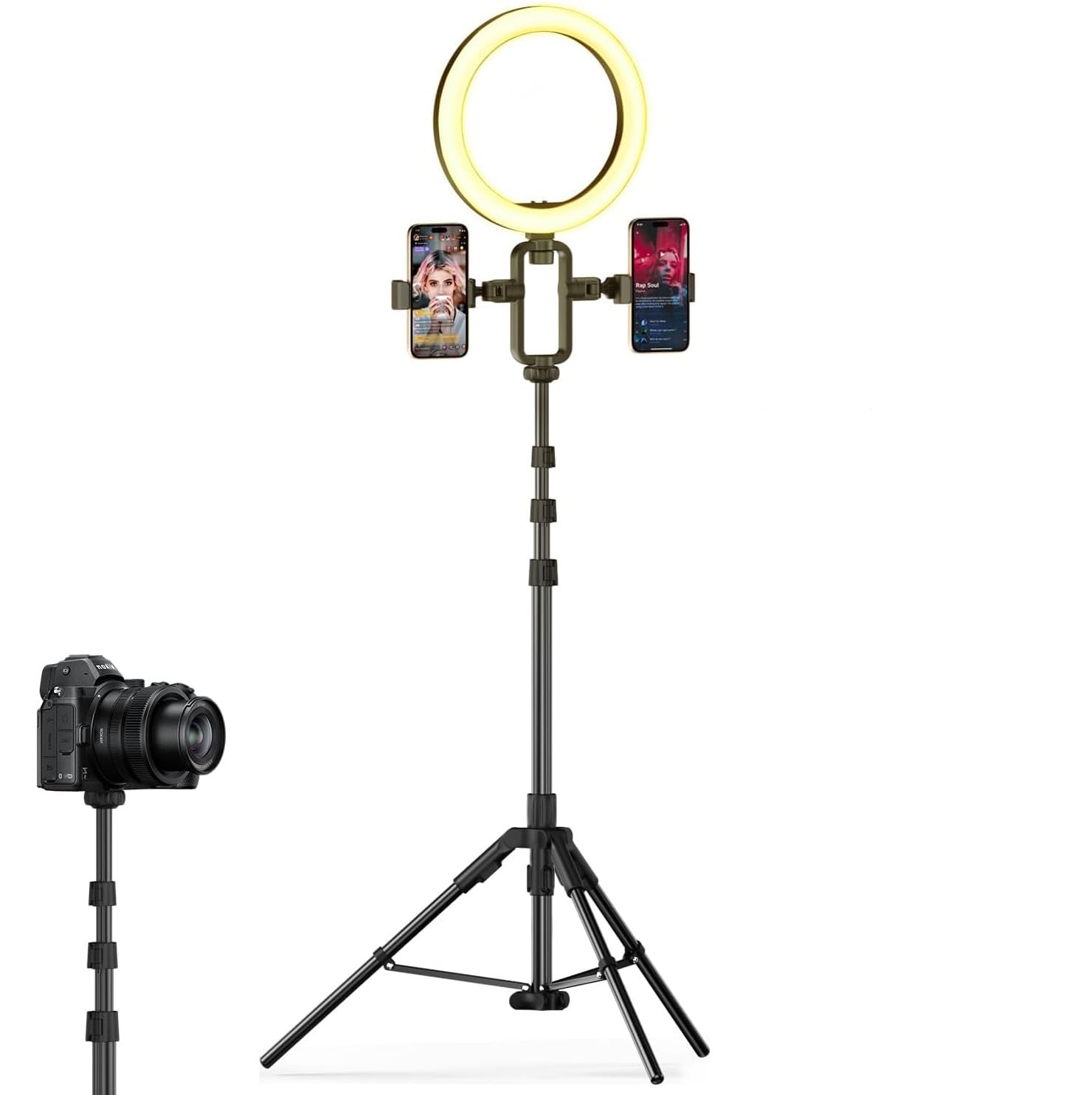 Tripode para Aro de Luz, Camara con 2 Soportes giratorios 360º para moviles, Altura Ajustable. para Panel de Iluminacion Fotografica.