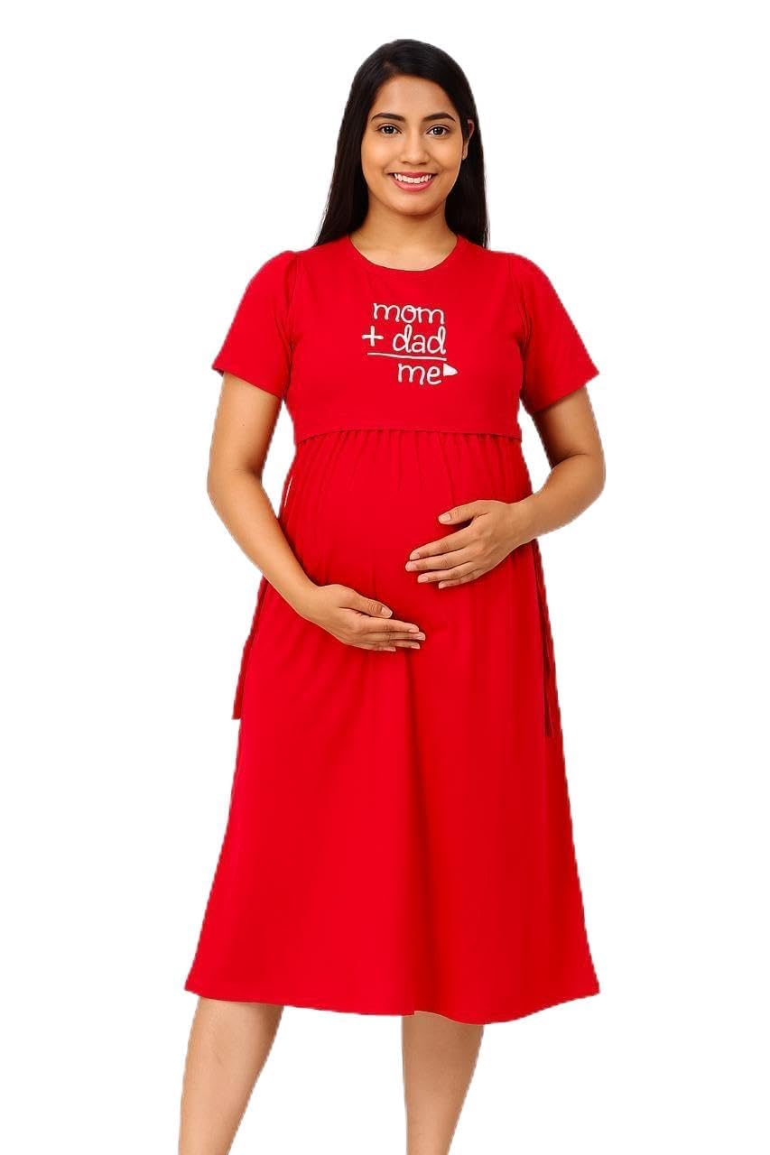 Women's Maternity and Feeding Dress, Red, Cotton Blend, Round Neck, Short Sleeve, Graphic Print, Mid-Calf Length_M-image-25