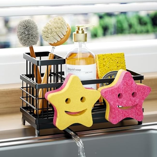 HapiRm Sink Caddy Sponge Holder - Self-draining Kitchen Sink Organizer with Smiley Face and Brush Holder, Stainless Steel Kitchen Sponge Caddy for Countertop - Black