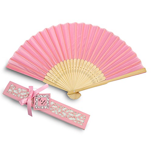 DORIS HOME 50pcs Pink Silk Bamboo Handheld Folded Fan Wedding Favor Fan with Laser Cut Gift Box for Bridal Gift Party Favors Customized