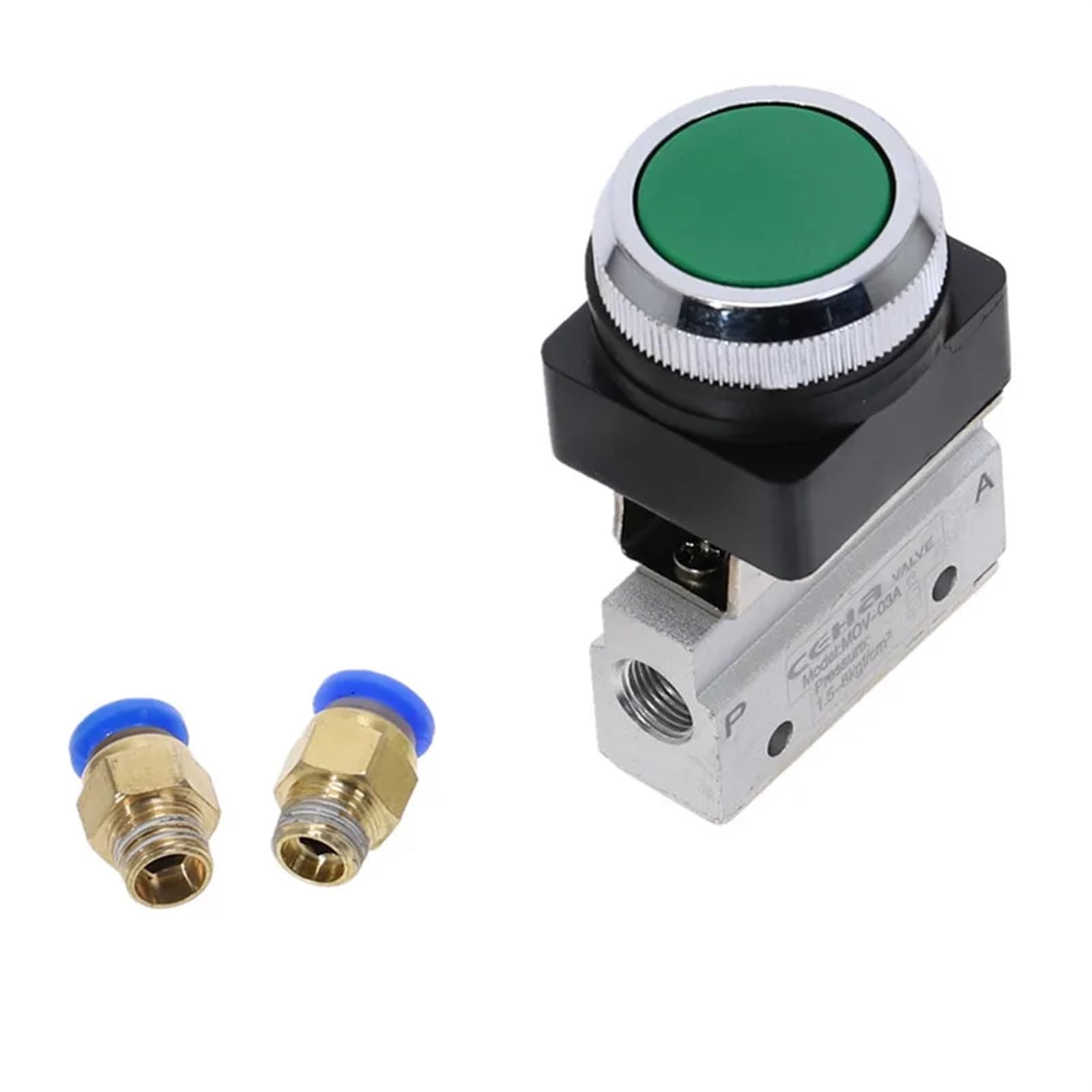 Válvula mecánica MOV-321PP, rosca de 1/8 de pulgada, 2 posiciones, 3 vías, botón pulsador plano verde, válvula neumática momentánea MOV-321PP, 1 unidad(12MM)