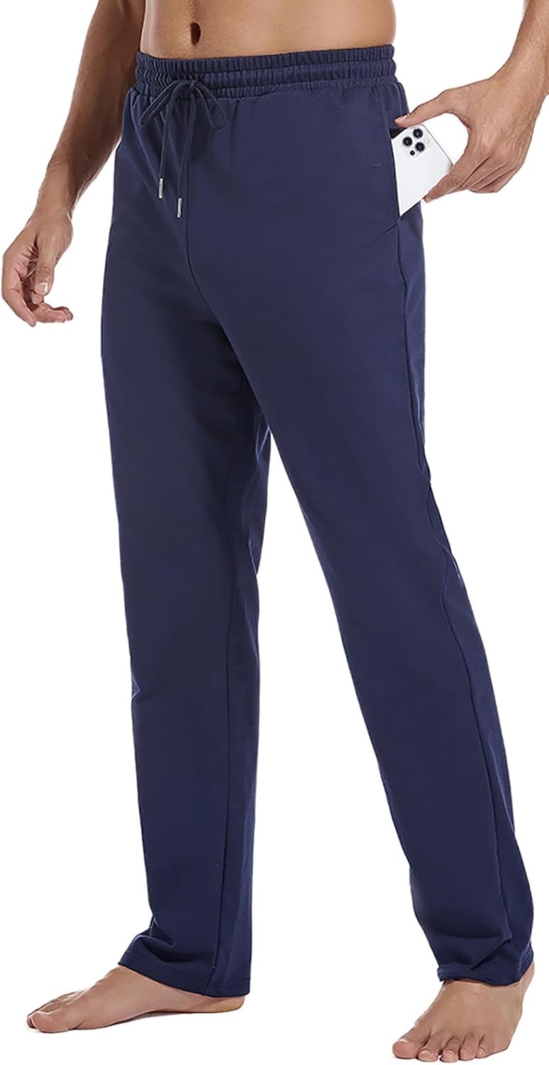 Mens Tall Cotton Yoga Sweatpants Open Bottom Lightweight Athletic Jogger Lounge Pants with Pocket