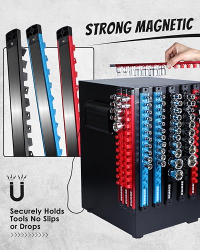 Image of PINOZE 8PCS Magnetic Socket Holder Organizer Set - 1 /4, 3 /8, 1 /2 - Aluminum Alloy Socket Rail Trays for Tool Box Drawer, Socket Rack Kit with 114Pcs Clips for Automotive Garage(Blue Red Black)