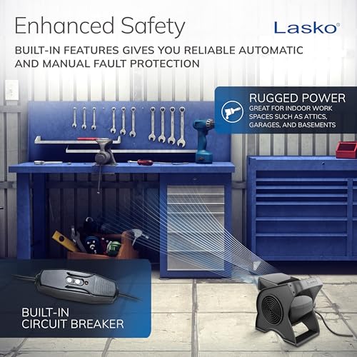 Lasko Portable Utility Fan, 12” 289 CFM Pivoting High Velocity Air Mover Blower Fan, 3 Speeds, 2 Accessory Outlets 120V, Black, U12104 - Image 5