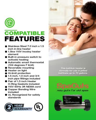 SpaGuts T-Style Bath Heater Kit 1.5KW 110V - Universal Replacement Heater For Jetted Bathtubs Up To 70 Gallons - View #6