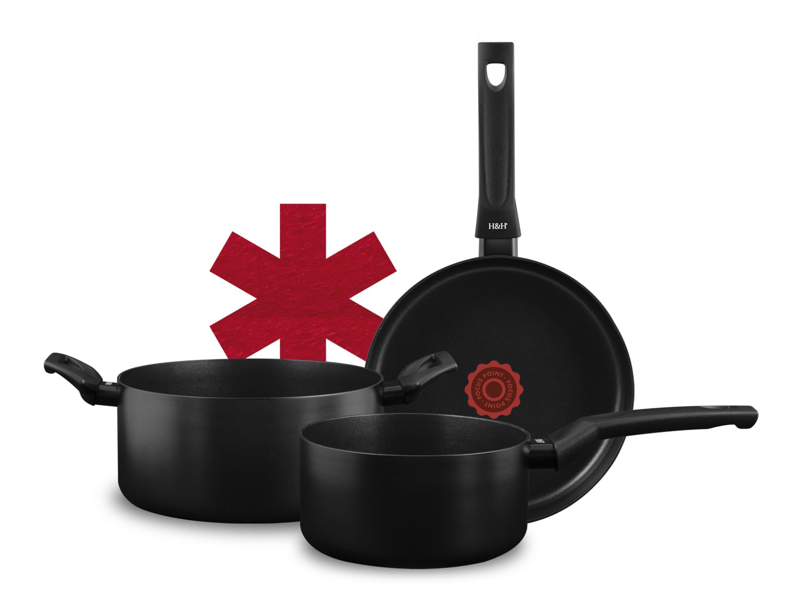 H&H Batteria Pentole 8 Pezzi Focus con Rivestimento Antiaderente Pfluon Nero, Casseruole, Padelle e Coperchi in Vetro con Silicone, Fondo Universale per Tutti i Piani di Cottura