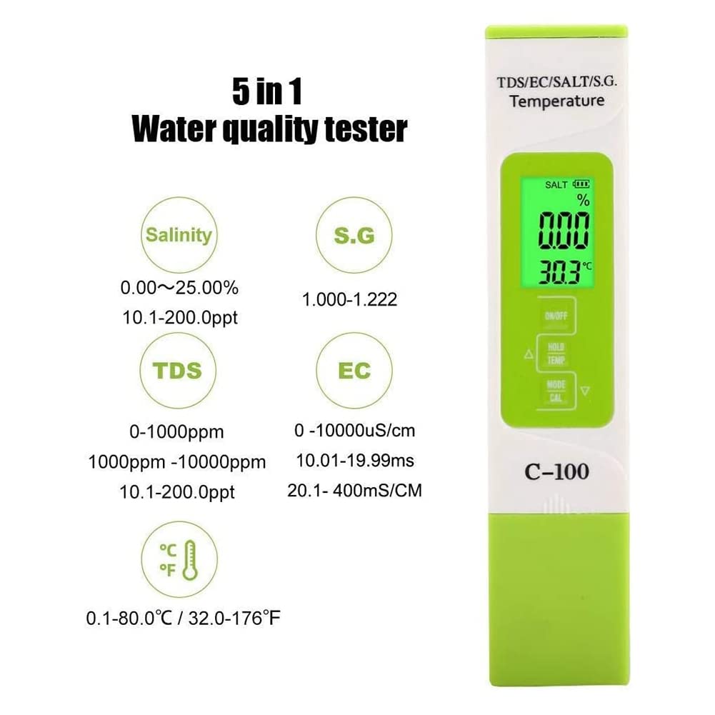 5-in-1 Tragbarer Salzgehalt / Temperatur / TDS/EC Digitaler Meerwasser-Qualitätstester für Pools, Aquarien, Salzwasser und Trinkwasser