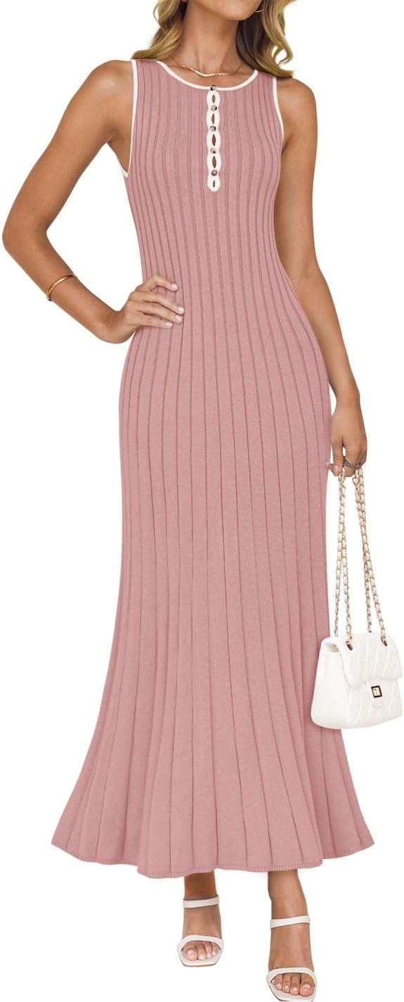 ZESICA Womens 2026 Summer Long Maxi Dress Sleeveless Crew Neck Hollow Out Pleated Ribbed Knit Swing Tank Dresses