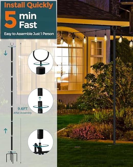LAND¡¤VOI Metal String Light Poles for Outside Hanging - Backyard, Garden, Patio, 4 Pack Lighting Stand with Adjustable Height for Outdoor Parties, Wedding, Extra-Long 5-Prong Claws, (9.6FT) FLP04B