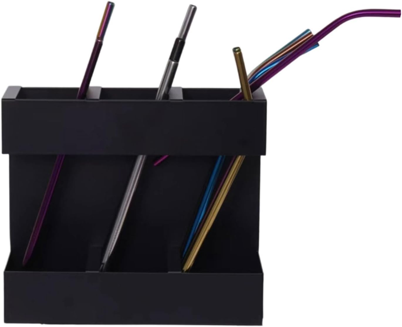 Multipurpose Iron Straw Storage 3 Compartment Design Sticky Mount Organizers for Kitchen Counter Cabinet Black Household Reusable Straw Management