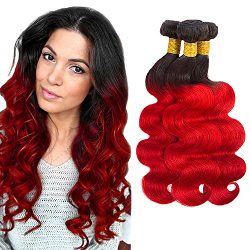 Red Human Hair Bundles Ombre Body Wave 3 Bundles 16 18 20 inch Two Tone Black Roots to Red Color Brazilian Remy Hair Weave Double Weft Sew in Hair Extensions