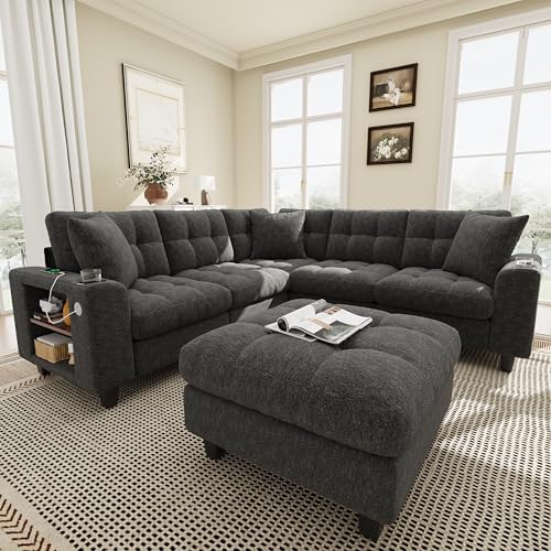 Sapgaks Canapé modulable Moderne 6 Places, avec USB et Porte-gobelet, très Grand canapé d'angle...