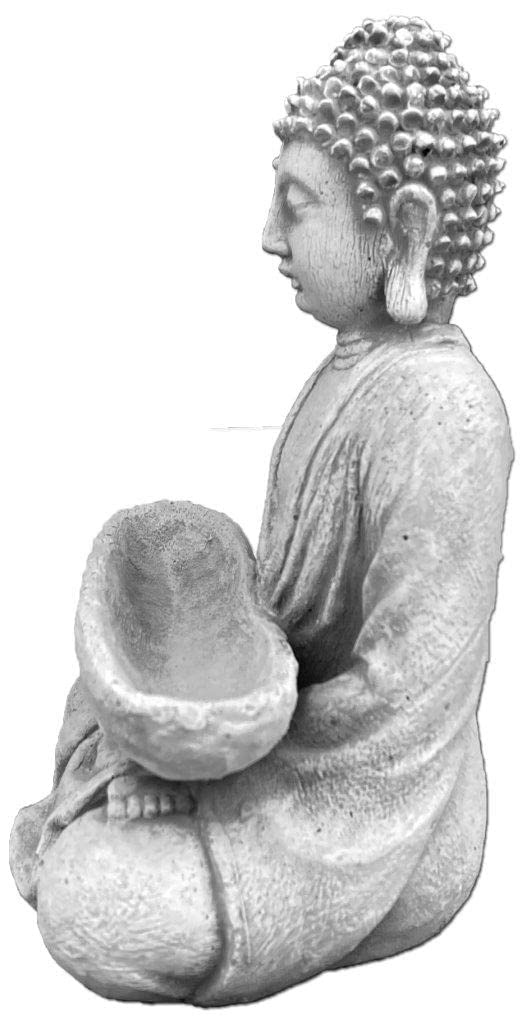 gartendekoparadies.de Bouddha en pierre massive avec bol moine - Décoration de jardin - En pierre - Résistante au gel, Gris,blanc, 27 cm, (Buddha)
