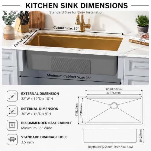 Image of LQS Gold Kitchen Sink, 32 Inch Gold Undermount Kitchen Sink, 32 inch x 19 inch Stainless Steel 16 Gauge Kitchen Sinks with Pratical Accessories For Luxury Kitchens, Round Corner and X Drain Line