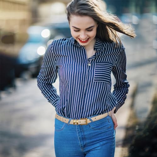 Image of Aurolran Women's Fashion Classic Metal Buckle Leather Belt with Jeans Dress