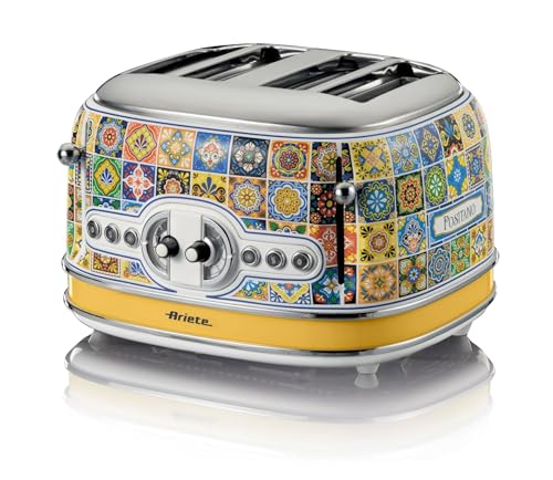 Ariete Toaster 156 Positano, Mediterranes Design, 4 Schlitze mit Separaten Bedienelementen, 6 Bräunungsstufen mit automatischem Auswurf, Krümelfach, Toast-, Aufwärm- und Auftaufunktion, 1630W Ariete Toaster 156 Positano, Mediterranes Design, 4 Schlitze mit Separaten Bedienelementen, 6 Bräunungsstufen mit automatischem Auswurf, Krümelfach, Toast-, Aufwärm- und Auftaufunktion, 1630W