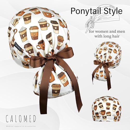 Image of Scrub Cap for Women and Men, Ponytail Scrub Caps, Working Hat, Head Cover with Ribbon Ties and Buttons, Long Hair