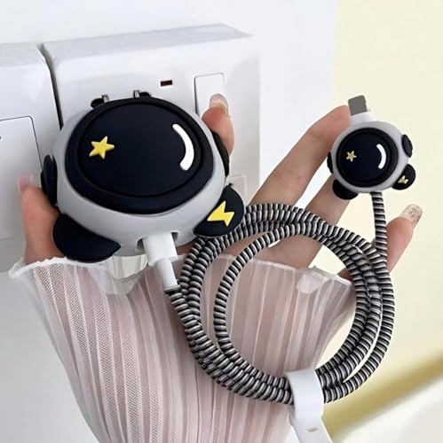 Image of PHONE PALACE 4 in 1 Compatible with Apple iPhone Charger Case Cover | Silicon Charger Case Cover for Apple 18-20W 360 Degree Protection Case with Wire Saver ((Black & Grey Astronaut))