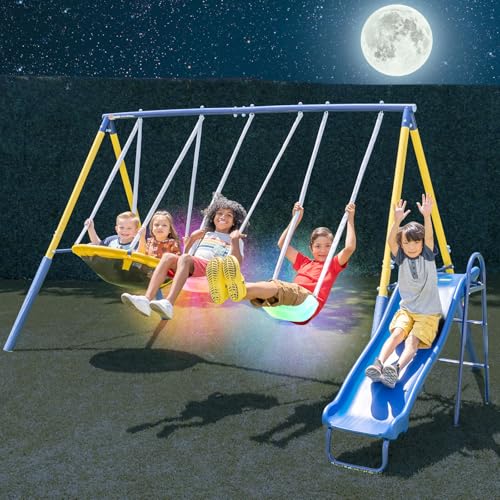 Sportspower Starlight Metal Swing Set with LED Swings, 2-Person Saucer Swing & 5ft Slide, Outdoor Kids Playset with Safe Design – 12.2' L x 6' W x 5.91' H, 500lbs Max Weight
