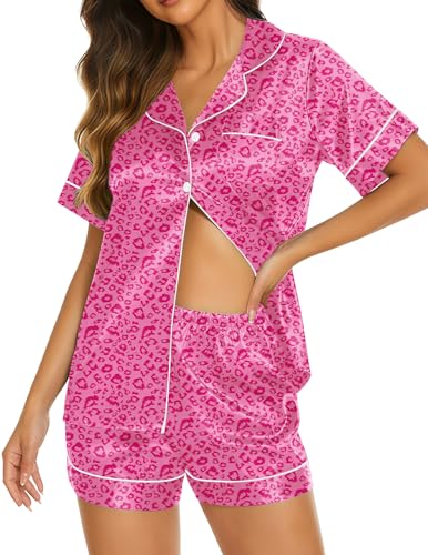 Image of Ekouaer Silk Pajamas for Women Short Sleeve Sleepwear Soft Button Down Loungewear 2 Piece Satin Pjs Shorts Set