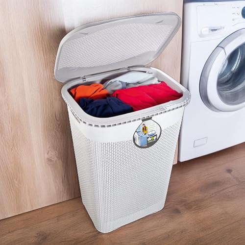 Image of Joyo Drop Laundry Multipurpose Plastic Laundry Basket /Bin /Hamper /Bucket /Storage Organizer With Lid, 54 Ltr - Grey