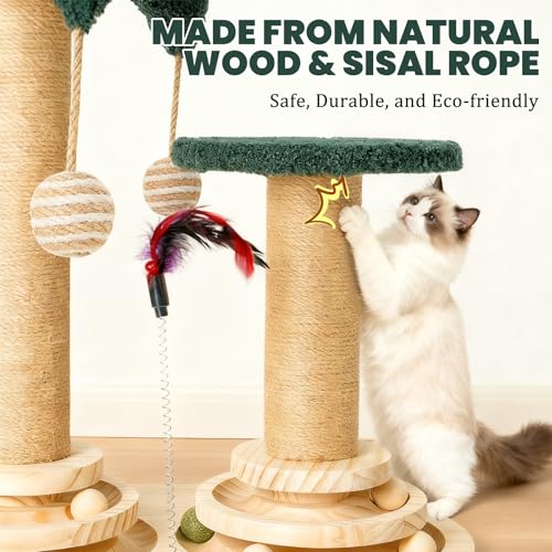 6-in-1 Katzenspielzeug Selbstbeschäftigung Holz, Kratzspielzeug für Katzen, Spielzeug mit Katzenminze, Katzenmöbel mit Rotierende Kugelbahn, Federn, Bälle, Juteseile & Sisalseil, für kleine Katzen – Bild 5