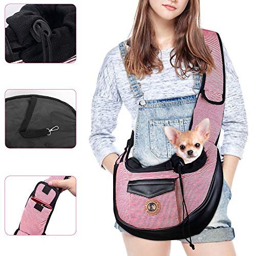 HomeChi Pet Sling, Small Pets Puppy Dog Cat Sling Carrier Bag Hands-Free with Adjustable Padded Strap Front Pouch Single Shoulder Bag Carrying Tote for Outdoor Walking (Pink)