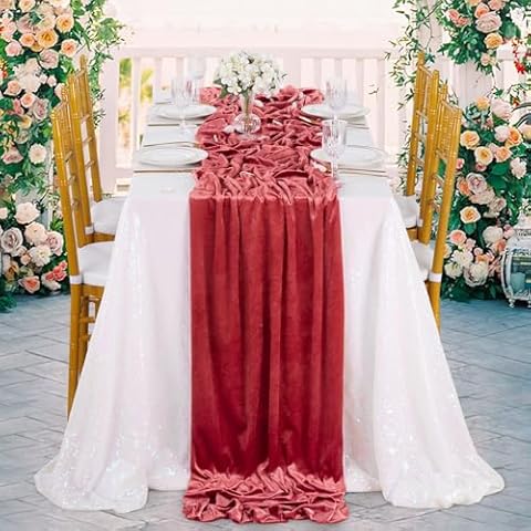 Velvet Table Runner for Parties: 10ft Long Fall Fabric Drapes - 29x120 Inches Reddish Brown Stretch Velvet Table Runners Cover